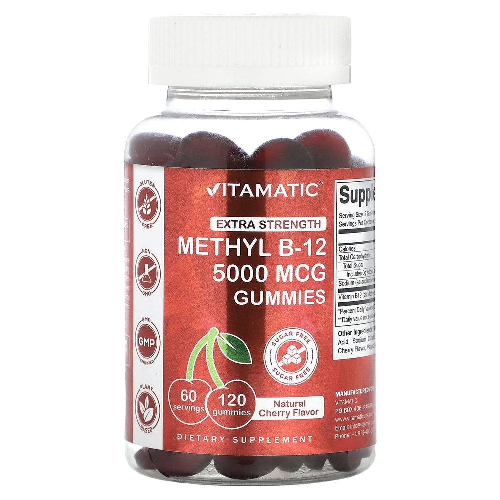 Vitamatic, Метил B12, жевательные мармеладки, усиленная сила действия, натуральная вишня, 120 жевательных таблеток (2500 мкг в жевательной мармеладке)
