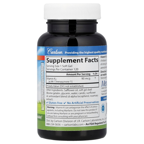 Carlson, Витамин K2, 90 мкг, 120 мягких таблеток