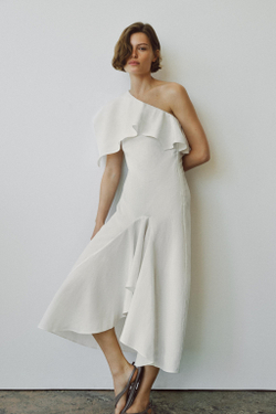 ZARA АСИММЕТРИЧНОЕ ПЛАТЬЕ С ВОЛАНАМИ ИЗ СМЕСОВОГО ЛЬНА — ZW COLLECTION, ЖЕЛТОВАТО-БЕЛЫЙ