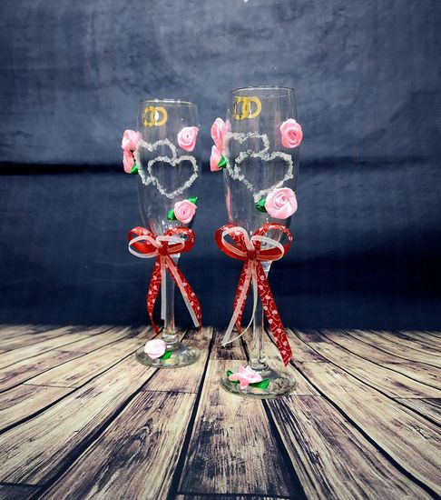 Свадебные бокалы , золото с розовым, Совет да любовь, матовые