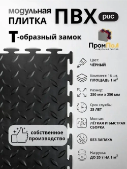 Плитка ПВХ 16шт, модульная плитка для пола чёрная 5мм, 250х250мм замковый пвх, напольное покрытие