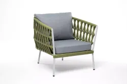 "Диего" кресло плетеное из роупа, каркас алюминий светло-серый (RAL7035) муар, роуп салатовый меланж круглый, ткань светло-серая