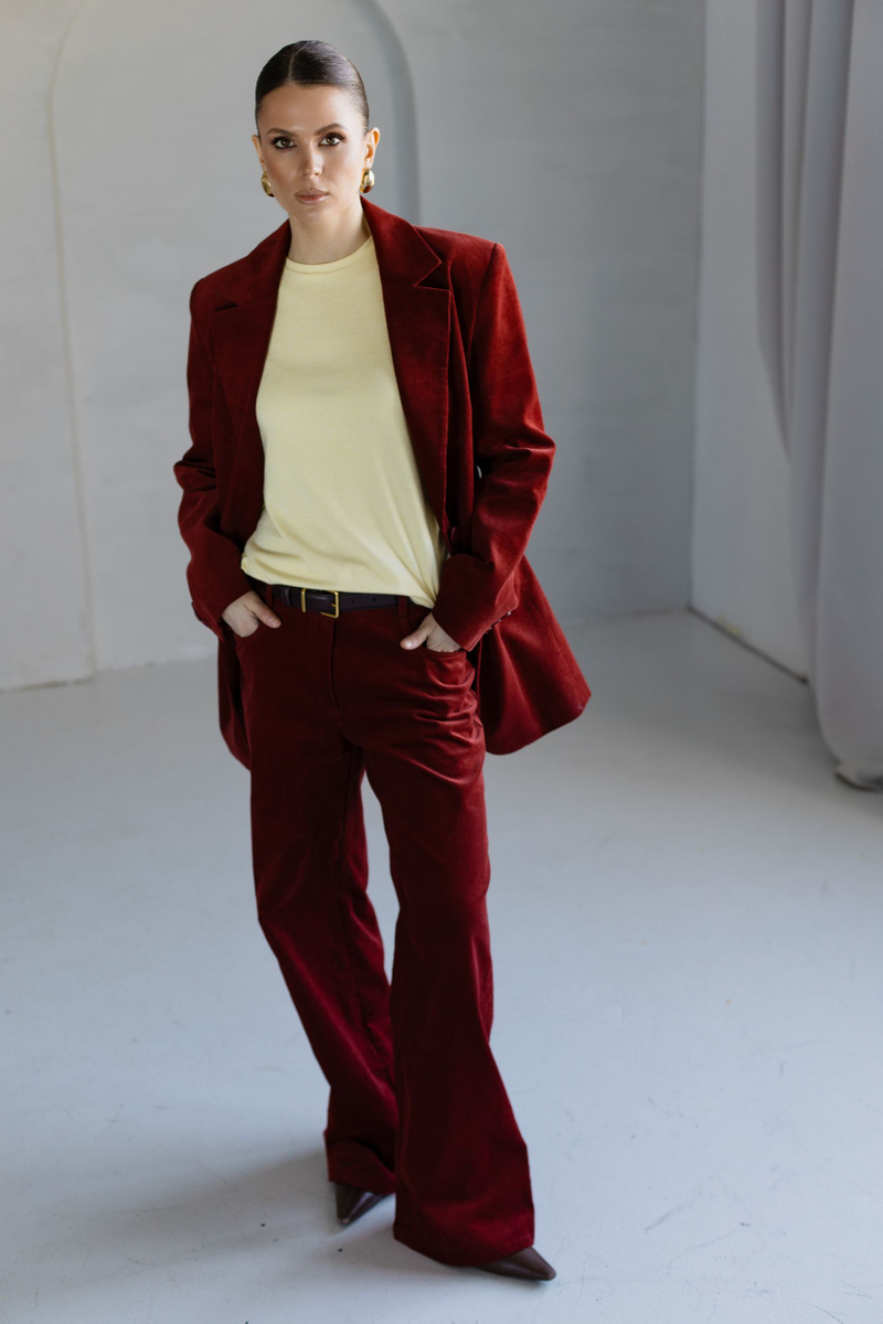 Жакет из вельвета приталенный терракотовый