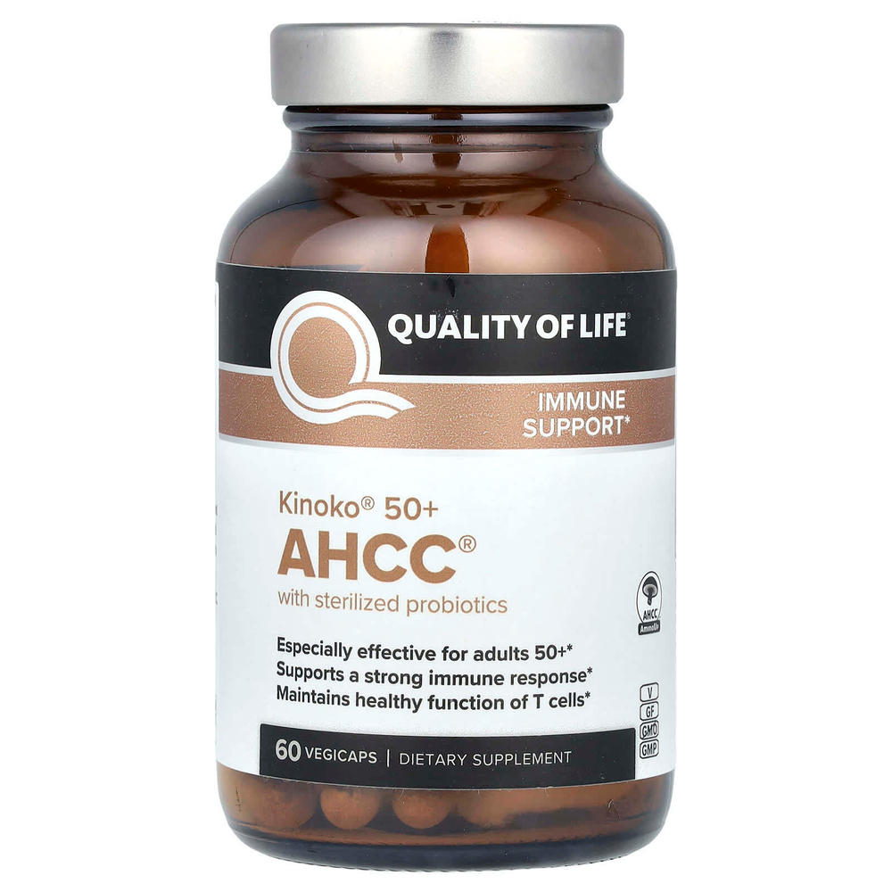 Quality of Life, Kinoko 50+ AHCC со стерилизованными пробиотиками, 60 растительных капсул