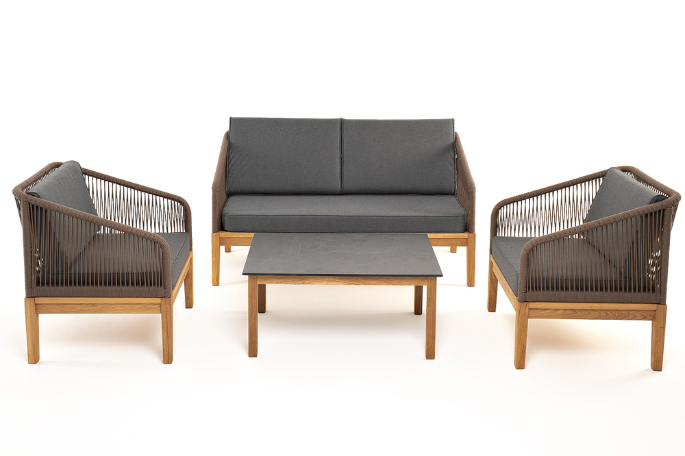 "Канны" лаунж-зона 4-местная из роупа со столиком "Канны" (серый гранит), основание дуб, роуп коричневый