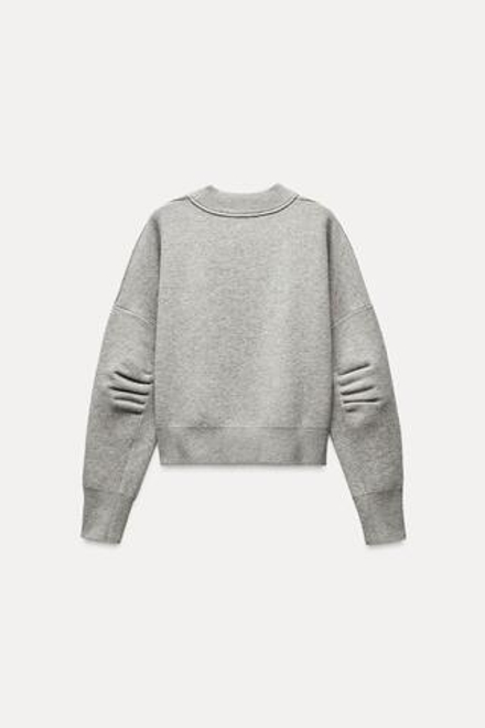 ZARA ТРИКОТАЖНЫЙ СВИТЕР СО СКЛАДКАМИ НА РУКАВАХ, СЕРЫЙ С МЕЛАНЖЕВЫМ ЭФФЕКТОМ