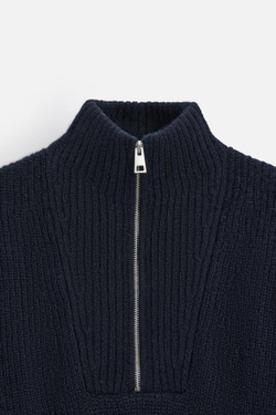 ZARA СВИТЕР ИЗ РЕЛЬЕФНОЙ ТКАНИ С ВОРОТНИКОМ НА МОЛНИИ, МОРСКОЙ СИНИЙ