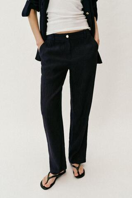 ZARA БРЮКИ ПРЯМОГО КРОЯ С ЭФФЕКТОМ ЖАТКИ, МОРСКОЙ СИНИЙ