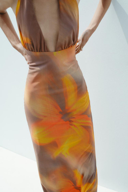 ZARA ПЛАТЬЕ МИДИ С ПРИНТОМ, ОТТЕНОК КОРИЧНЕВОГО