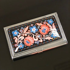 Сувенирная визитница "Русские узоры триколор" №0060 (ручная роспись Палех) в футляре