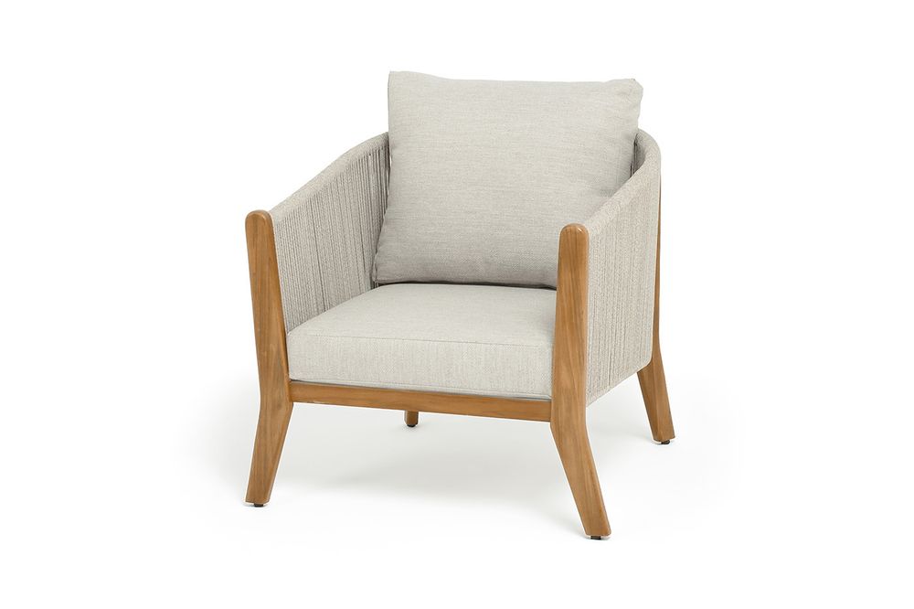 "Сидней" кресло плетеное из роупа, основание тик, каркас алюминий бежевый, роуп бежевый, ткань бежевая