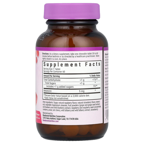 Bluebonnet Nutrition, Earth Sweet®, жевательные таблетки, мелатонин, малина, 5 мг, 60 жевательных таблеток