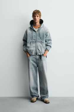 ZARA ДЖИНСОВАЯ КУРТКА С КАПЮШОНОМ, ГОЛУБОЙ