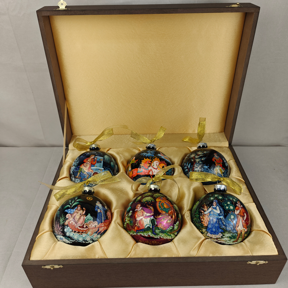Сувенирный набор из 6-ти коллекционных ёлочных шаров " Сказки" с ручной росписью Палех