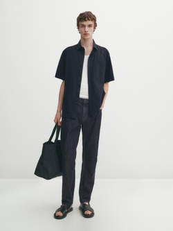Massimo Dutti Рубашка из жатой ткани с короткими рукавами, темно-синий