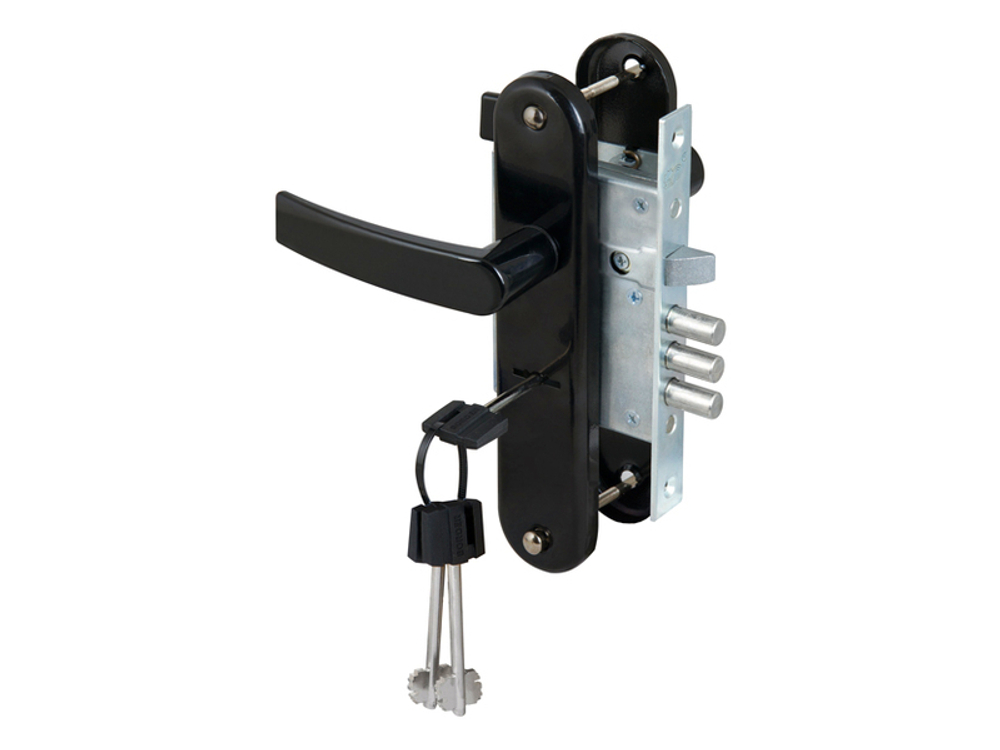 Замок врезной сувальдный с защелкой в комплекте с ручкой ЗВ9-6/13 черный глянец , 3 кл.14685