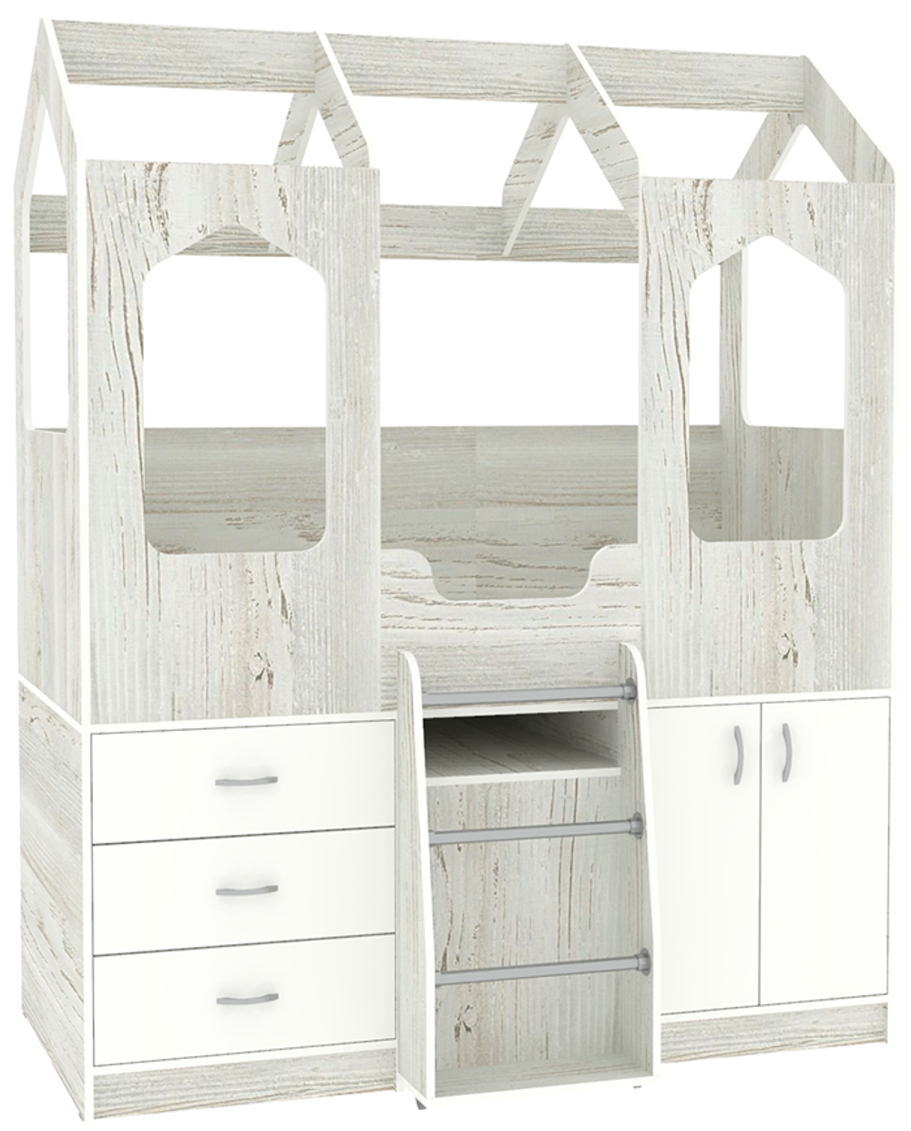 Кровать-чердак КарИВи Домик Сказка с выдвижным столом ДС-14 Винтерберг Белый