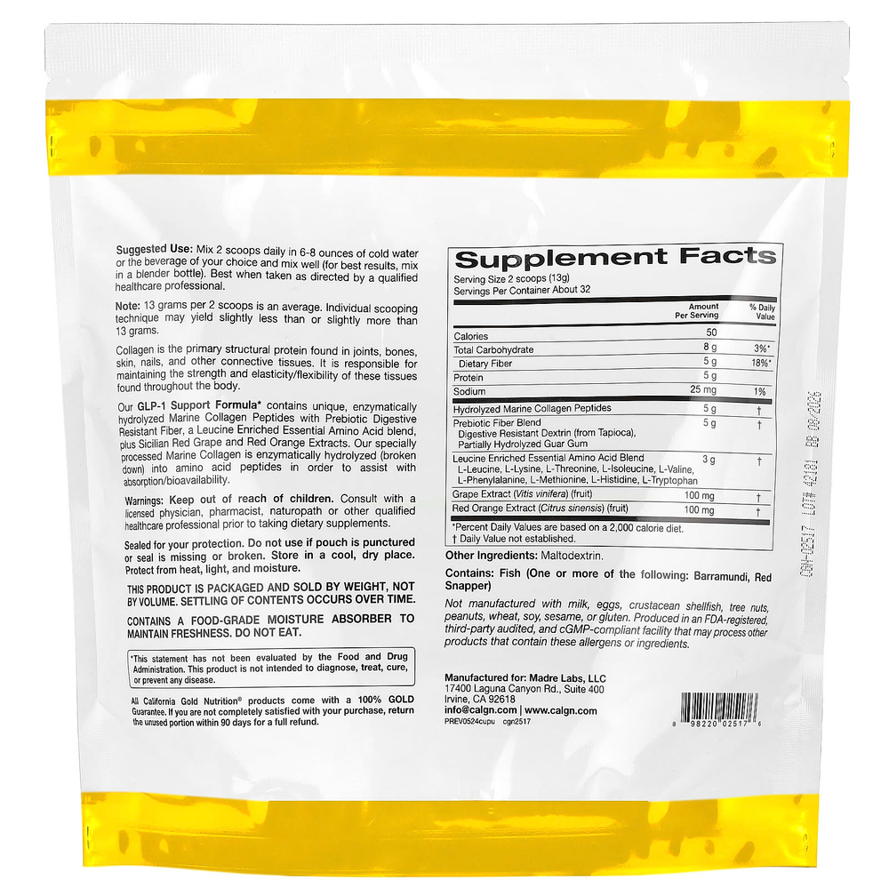 California Gold Nutrition, добавка для поддержания уровня ГПП-1 с пептидами коллагена, пребиотической клетчаткой и незаменимыми аминокислотами, с нейтральным вкусом, 410 г (14,46 унции)