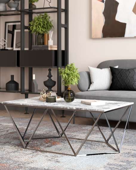 Журнальный столик Авалон 122*66 серый мрамор сталь серебро