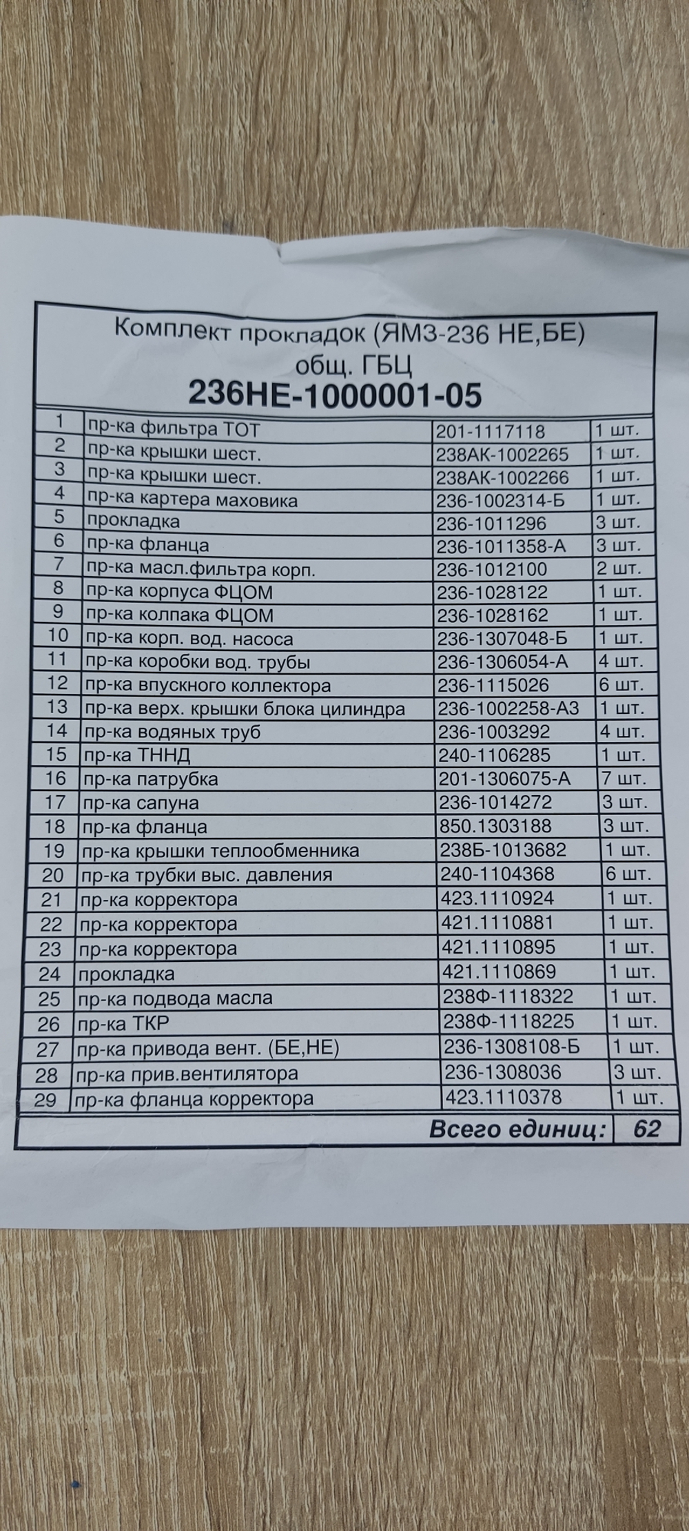 К-т для ремонта двигателя ЯМЗ-236НЕ, БЕ с общими головками (29 наим.) 236НЕ-1000001-05