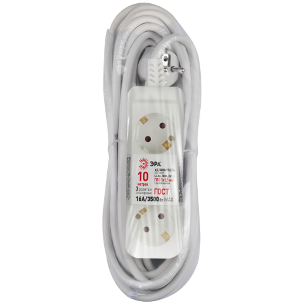 Удлинитель электрический ЭРА U-3e-10m-3x1,5 с заземлением 3 розетки 10м ПВС 3x1,5мм2 16А