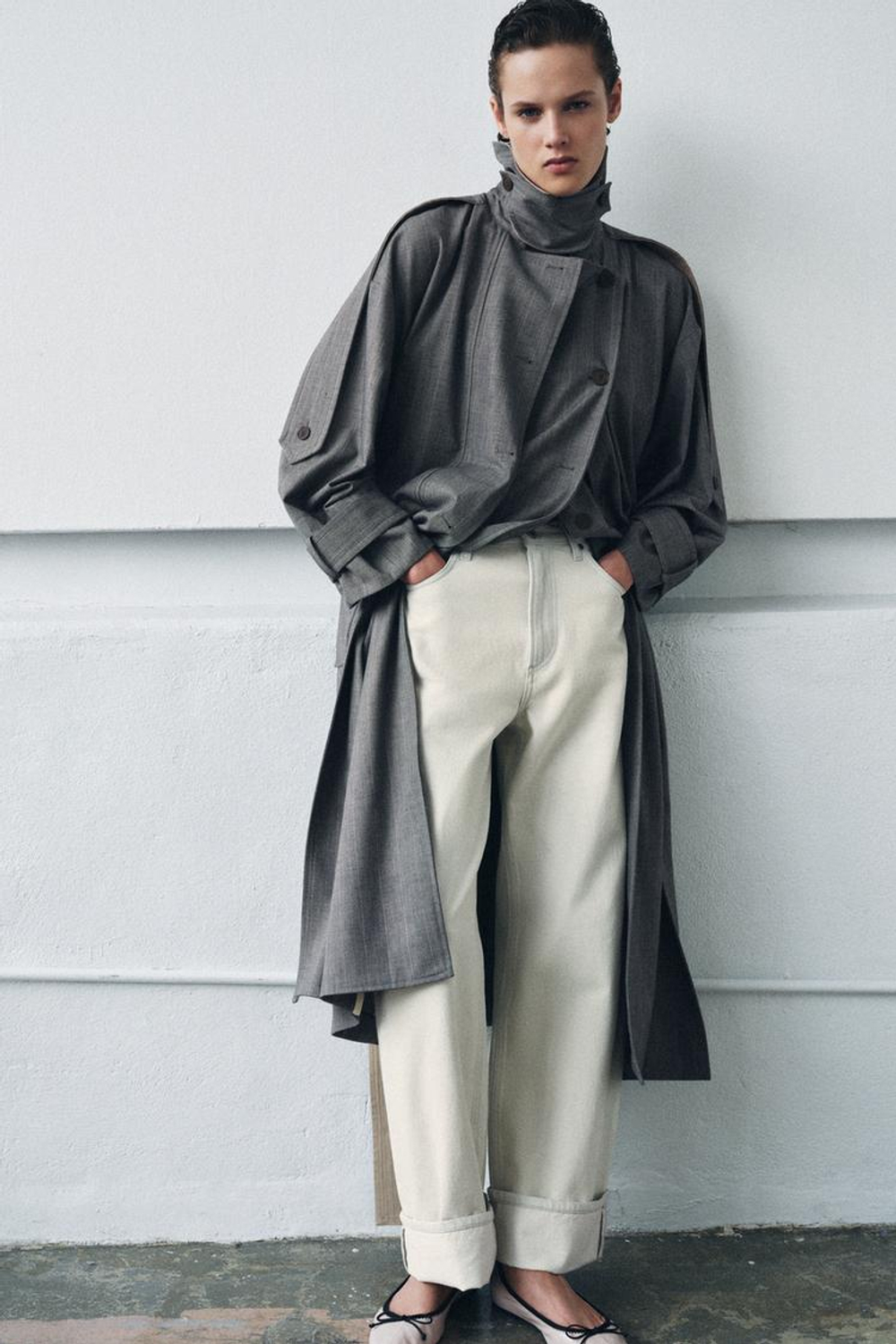 ZARA КОМБИНИРОВАННЫЙ ТРЕНЧ В КЛЕТКУ — ZW COLLECTION LIMITED EDITION, СЕРЫЙ