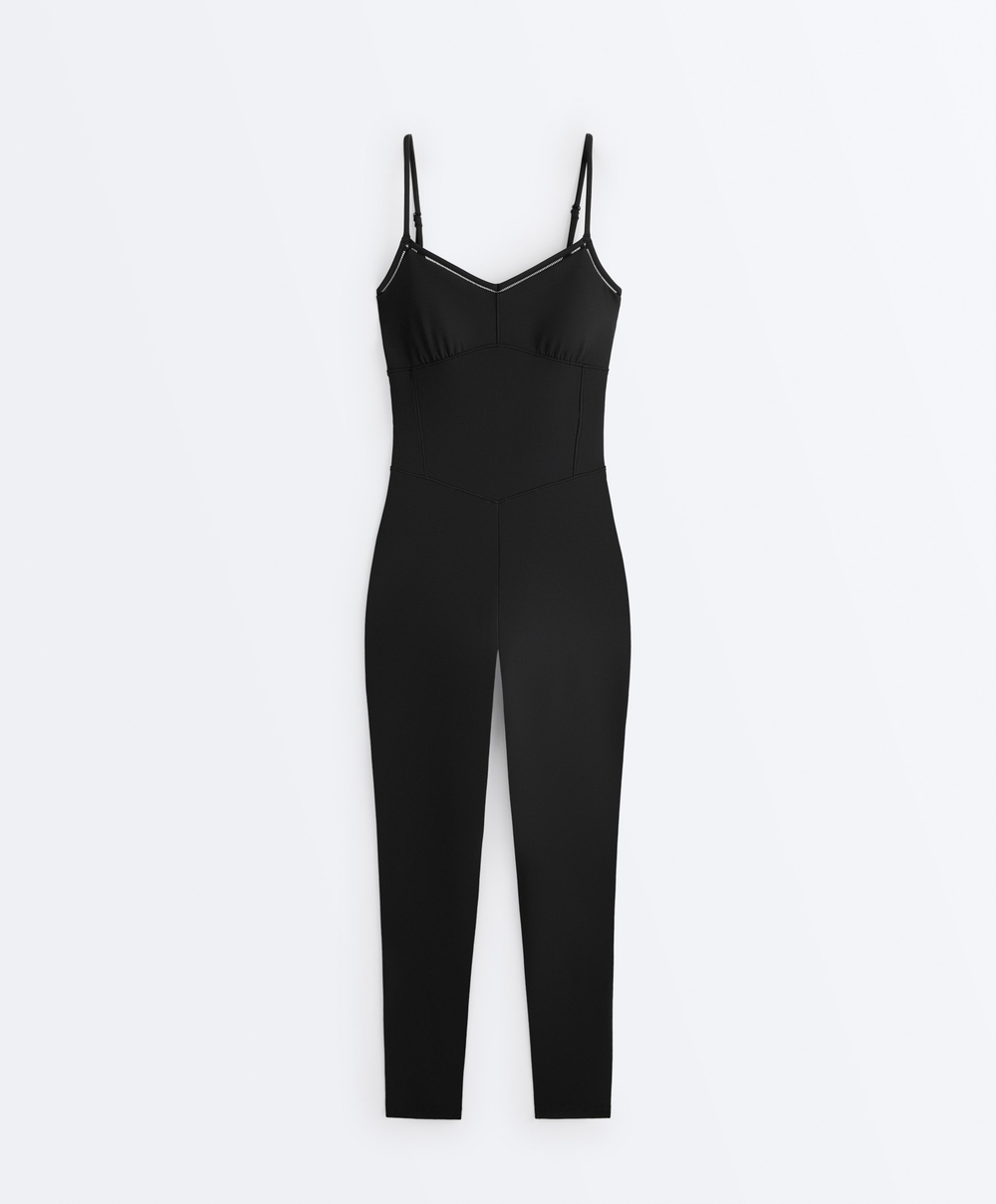 Oysho Длинный комбинезон Comfortlux с ажурной строчкой, черный