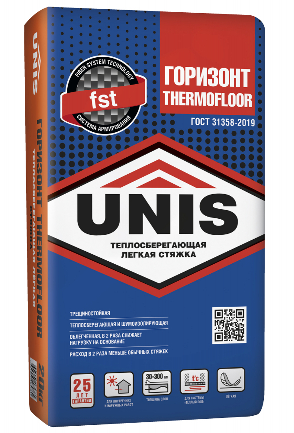Стяжка для пола UNIS ГОРИЗОНТ THERMOFLOOR теплосберегающая армированная легкая 20 кг