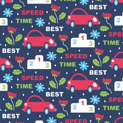 Купить темно синюю детскую ткань Красные машинки цветы Buy dark blue baby fabric with red car flowe