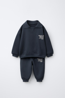 ZARA КОМПЛЕКТ ИЗ ТОЛСТОВКИ С ВОРОТНИКОМ ПОЛО И БРЮК-ДЖОГГЕРОВ, ТЕМНЫЙ АНТРАЦИТ