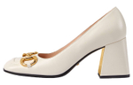 GUCCI Gucci leather gold tone horse collar buckle square heel high heels women's white