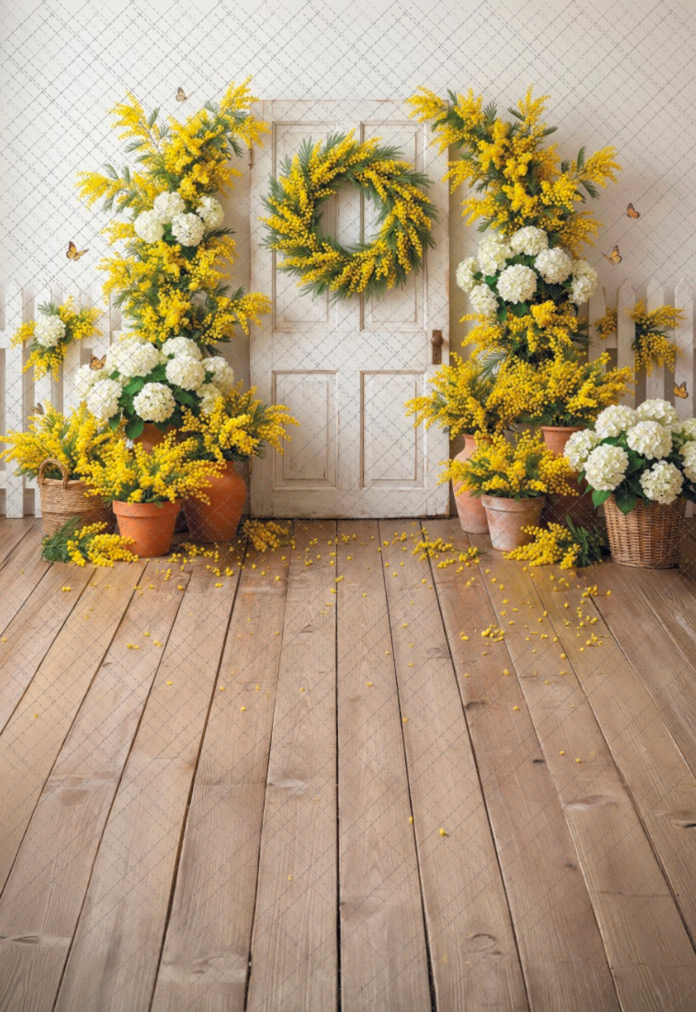 Дверь - мимоза - гортензии - фон неопреновый