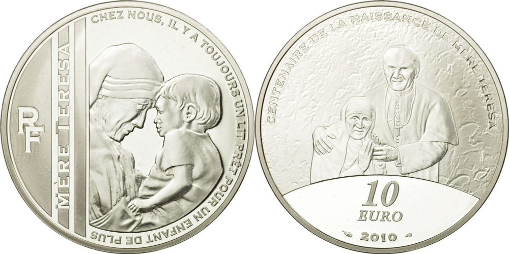 10 евро 2010 года. Франция. Мать Тереза. Серебро
