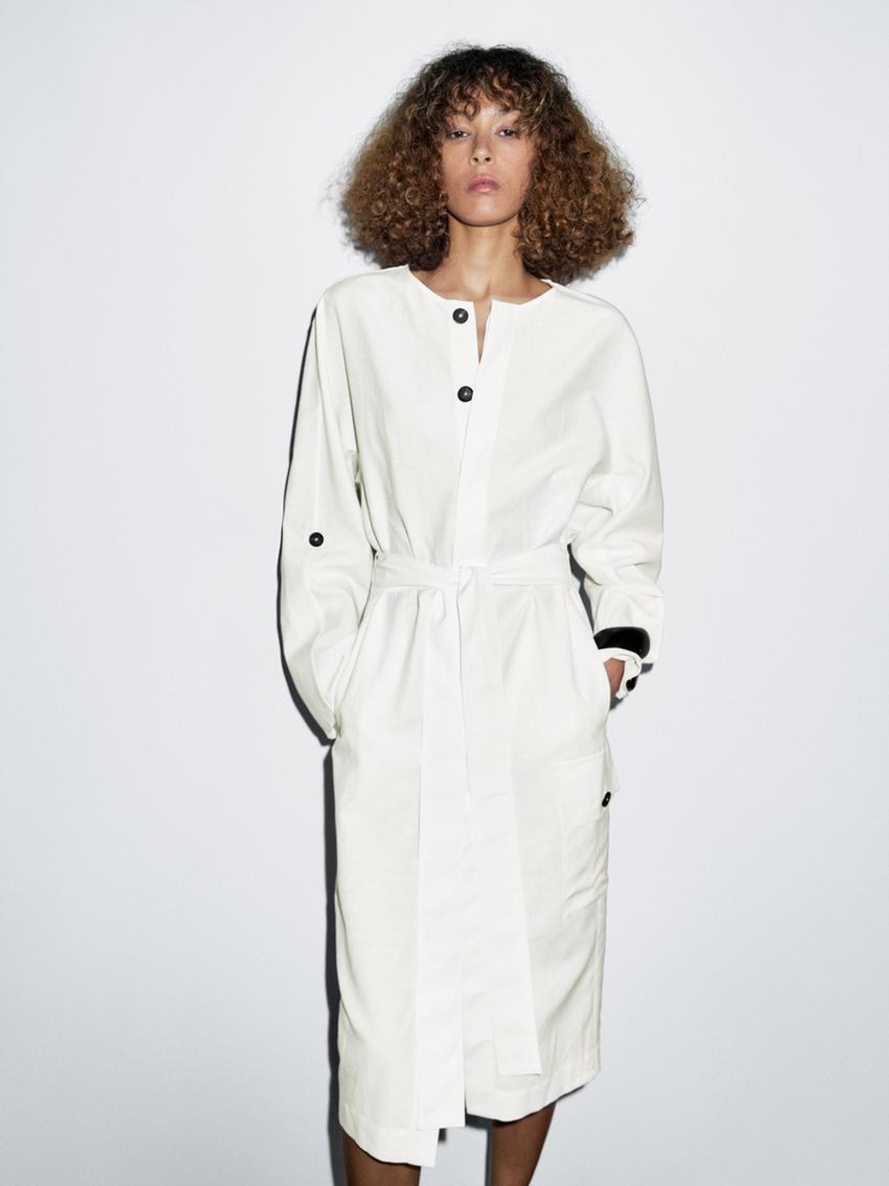 Massimo Dutti Платье-рубашка с контрастными пуговицами, натуральный, кремовый