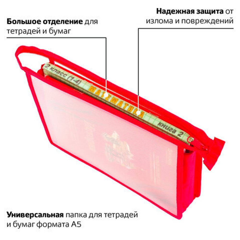 Папка для тетрадей А5 ПИФАГОР, пластик, молния сверху, прозрачная, красная, 228220