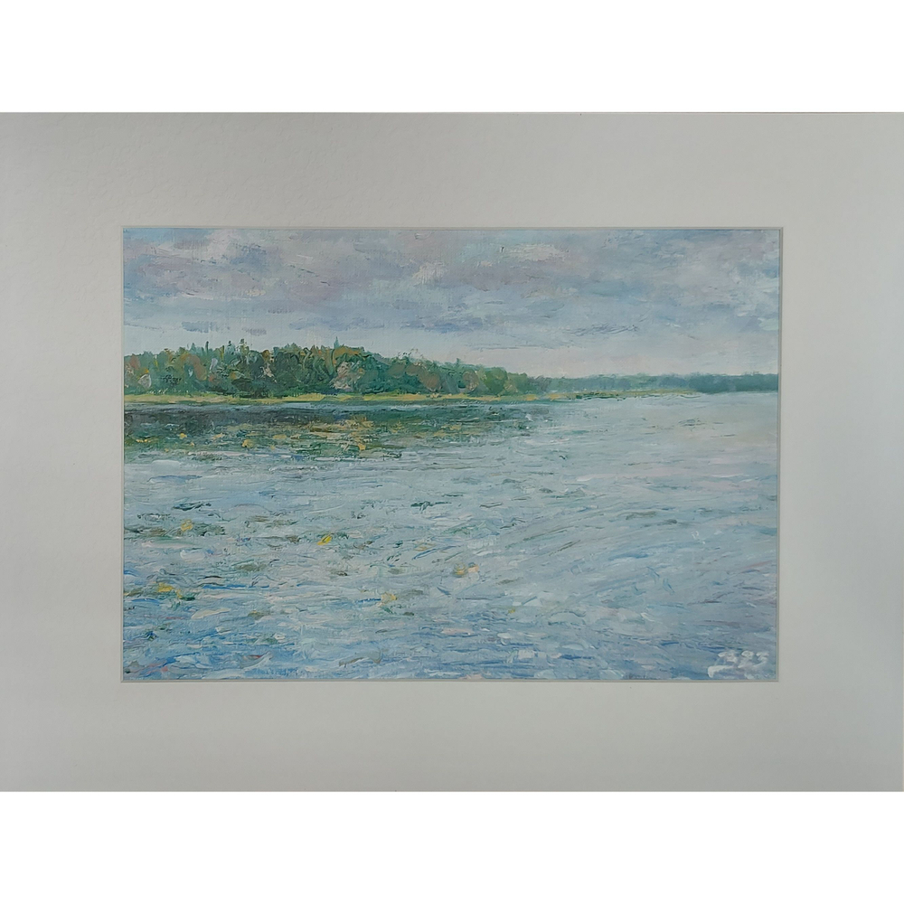 Картина авторская маслом на бумаге в паспарту 30х40 см на стену для интерьера "Тихая Вуокса"