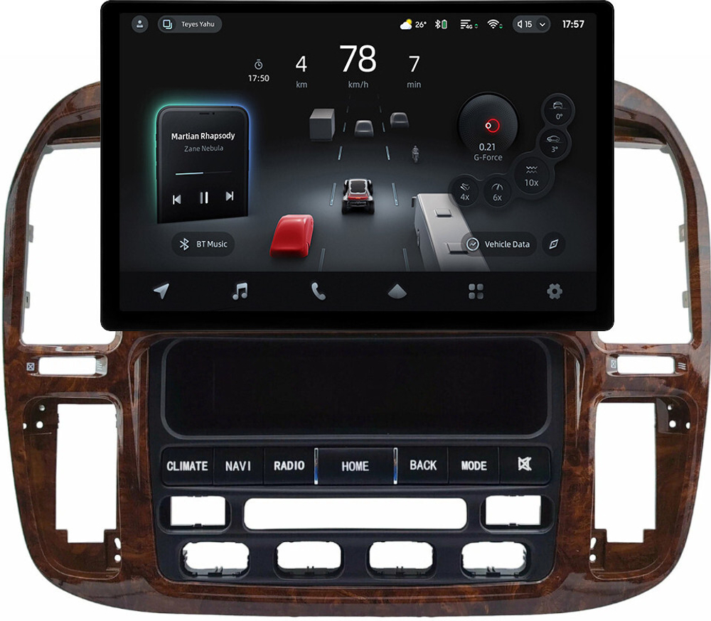 Магнитола для Toyota Land Cruiser 100, Lexus LX470 1998-2002 (климат на ШГУ, рамка дерево) - Teyes CC4-PRO монитор 13" 2K QLED на Android 13, Snapdragon 778G, 8+128, AI, CarPlay, DSP, 4G SIM-слот