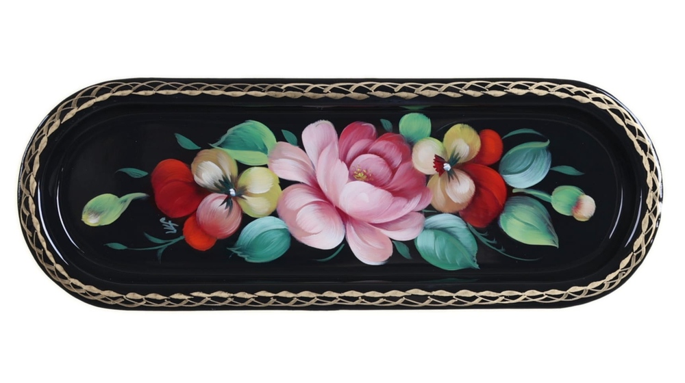 Жостовский поднос декоративный, размер 21х8 см (A4), металлический