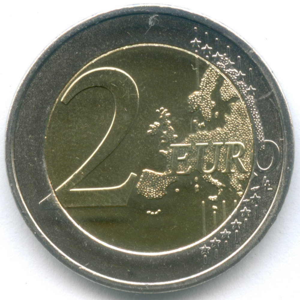 2 евро 2012 год. Кипр. 10 лет наличному евро. Биметалл AU