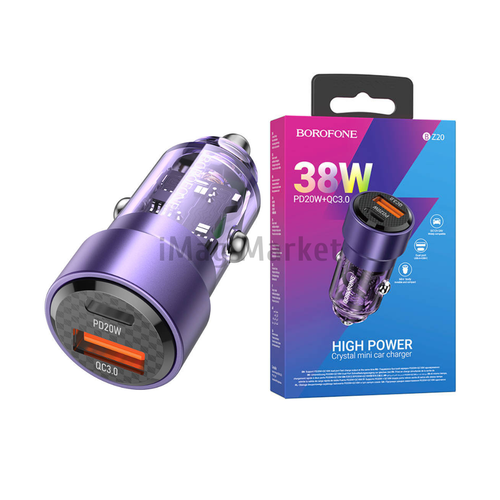 Автомобильное зарядное устройство Borofone BZ20, 1 USB-A, 1 USB-C, 38W, 3A, фиолетовый прозрачный