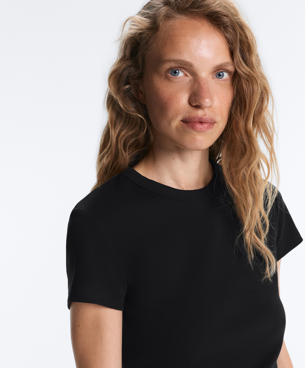 Oysho Футболка Rib Fit из смесового хлопка, черный