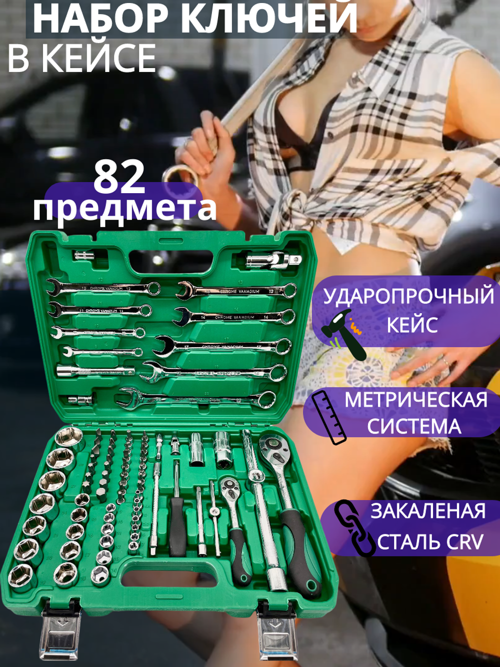Набор инструментов ключей 82 предмета для автомобиля в кейсе для дома, машины Hummerson