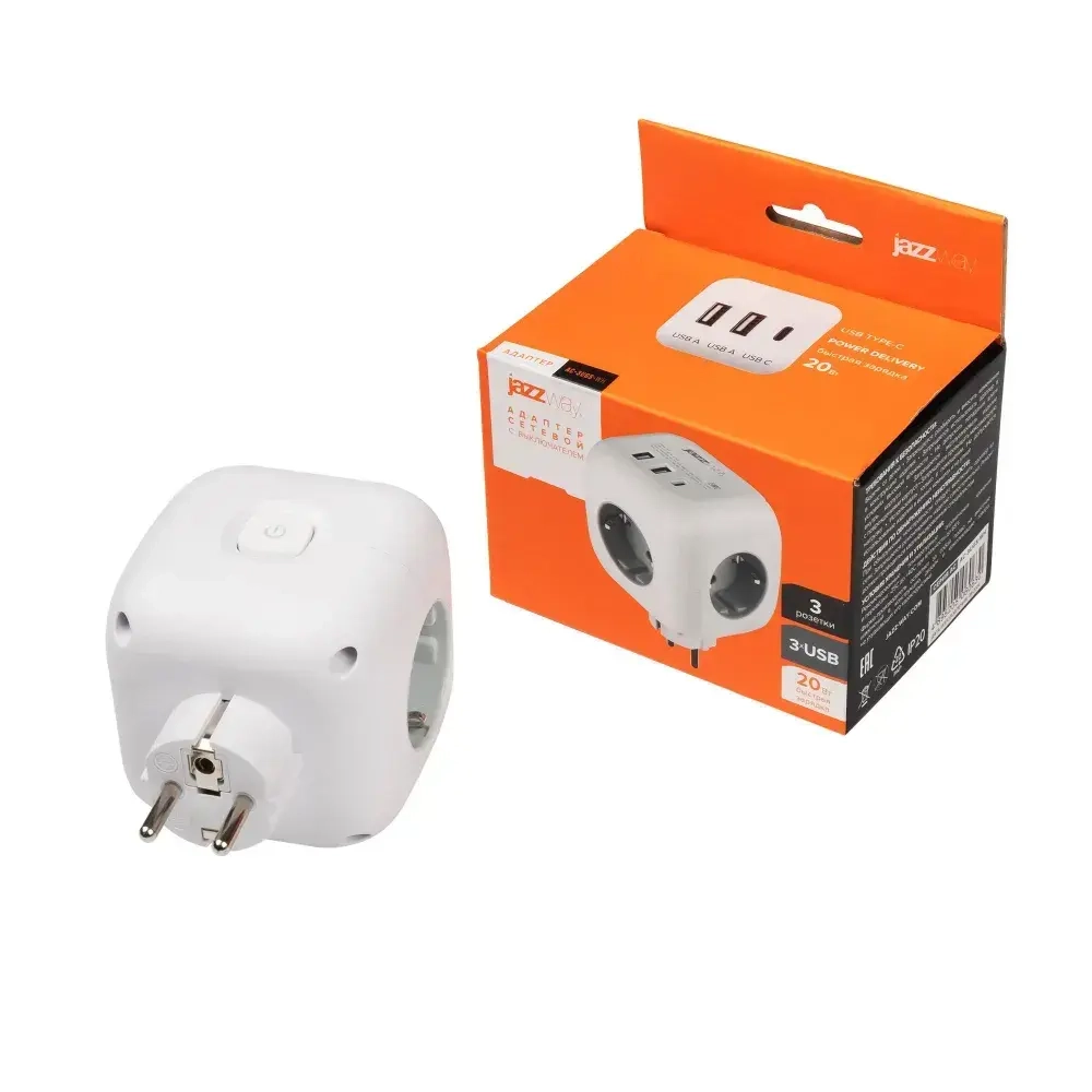 Тройник на 3 розетки / разветвитель 2 USB + 1 TYPE-c быстрая зарядка с выключателем Jazzway