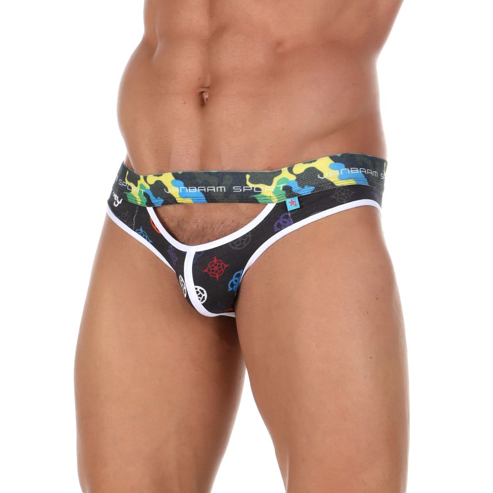 Мужские трусы слипы черные с принтом с вырезами Van Baam