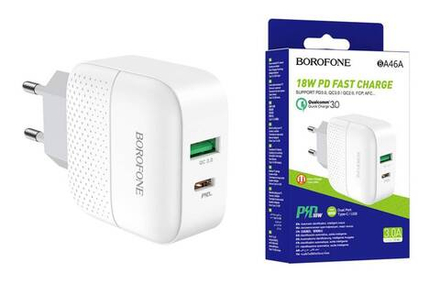 Сетевая зарядка с поддержкой быстрой зарядки PD+QC3.0 3А 18Вт USB-C BOROFONE BA46A