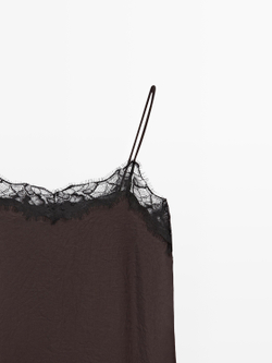 Massimo Dutti Топ в бельевом стиле с контрастной отделкой кружевом, коричневый