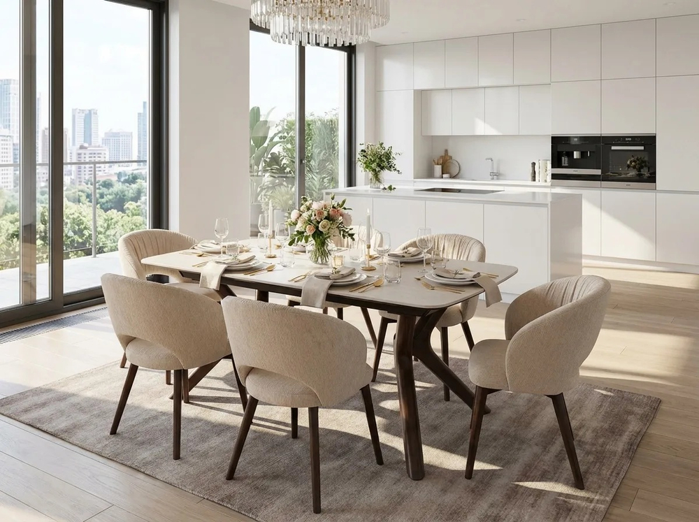 Стол КИРАН (KIRAN) 180 БЕЖЕВЫЙ МРАМОР (MATTE SICILY BEIGE SOLID CERAMIC) / Орех темный, ®DISAUR