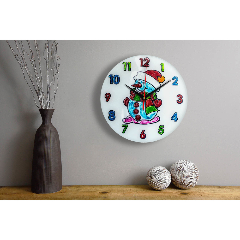 Часы раскраска на стекле для детей "Снеговик в шапке" Декор для дома, подарок