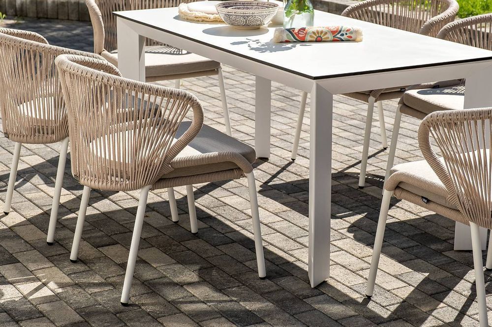 "Венето" обеденная группа на 6 персон со стульями "Милан", каркас белый, роуп бежевый