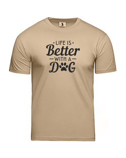 Футболка Life is better with a dog unisex бежевая с черным рисунком